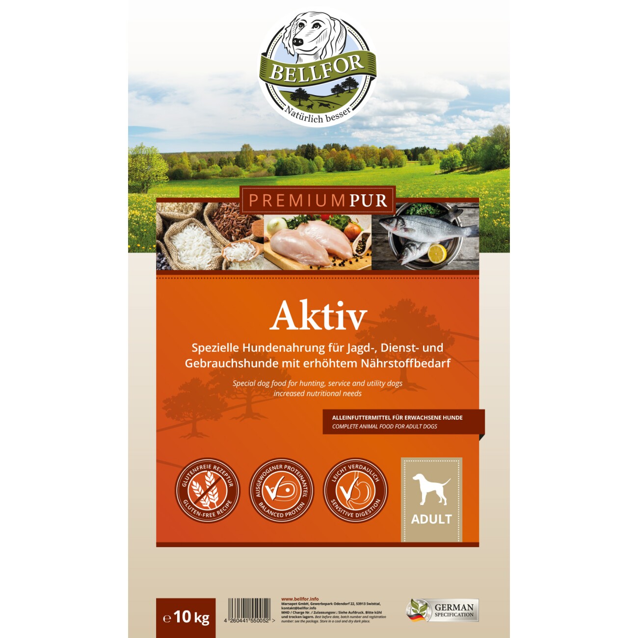 Bellfor Glutenfrei Hundefutter für sportliche Hunde - PREMIUM PUR Aktiv