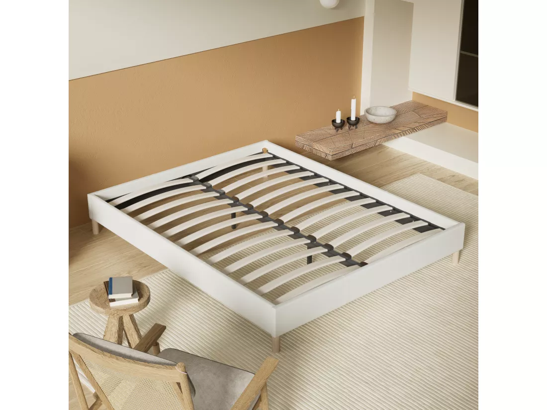 Sommier 140x190 cm, Revêtement en tissu Blanc Crème, Pieds en bois
