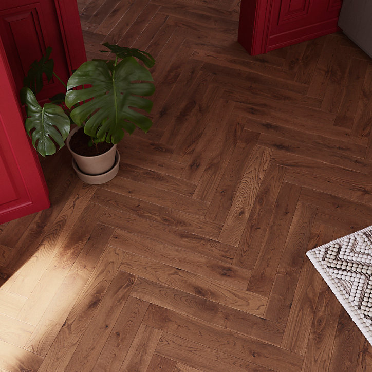Parquet massif à coller Skara bâtons rompus en chêne verni brun