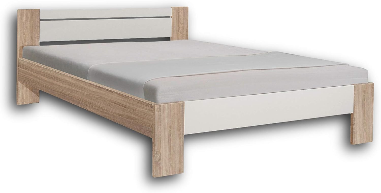 Stella Trading Vega Stilvolles Futonbett 140 x 200 cm - Komfortables Jugendzimmer Doppelbett in Eiche Sonoma Optik, weiß - 145 x 61 x 204 cm (B/H/T), Eiche Sonoma / Weiß, 204 x 145 x 68 cm