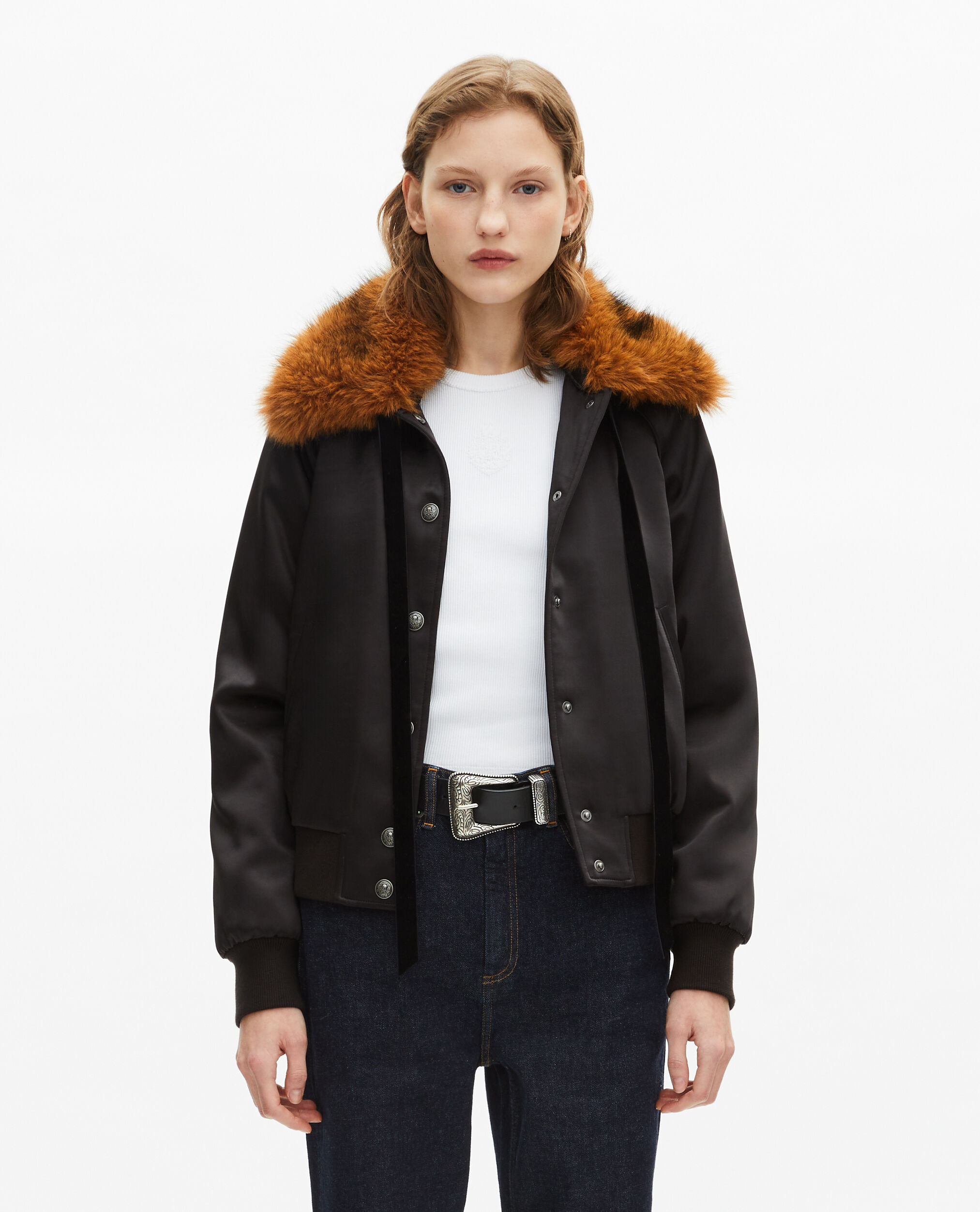 Blouson col fourrure satiné noir