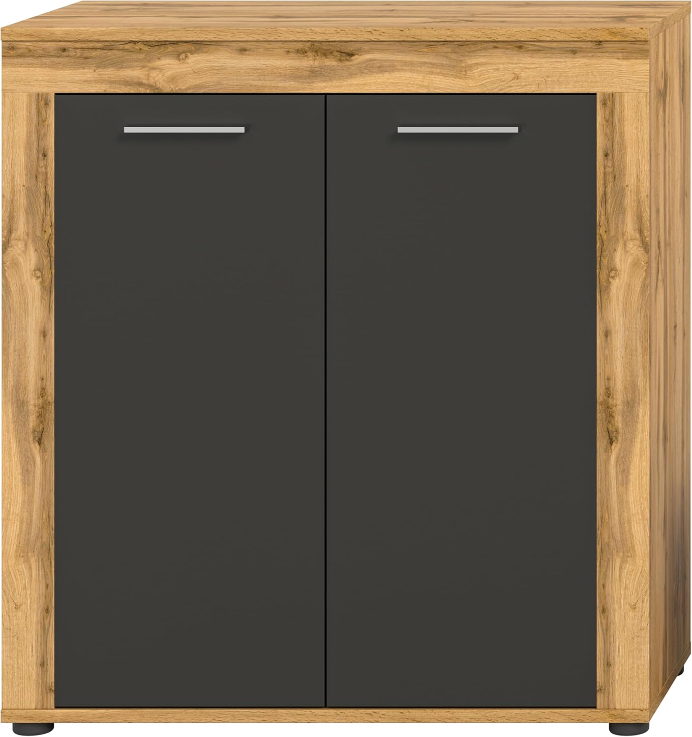 xonox.home Wohnzimmer Jam Highboard Hochkommode Wohnzimmerschrank Hochschrank Anrichte in Front grau Nb. Korpus/Absetzung Wotan Eiche Nb., ca.80x88x35 cm