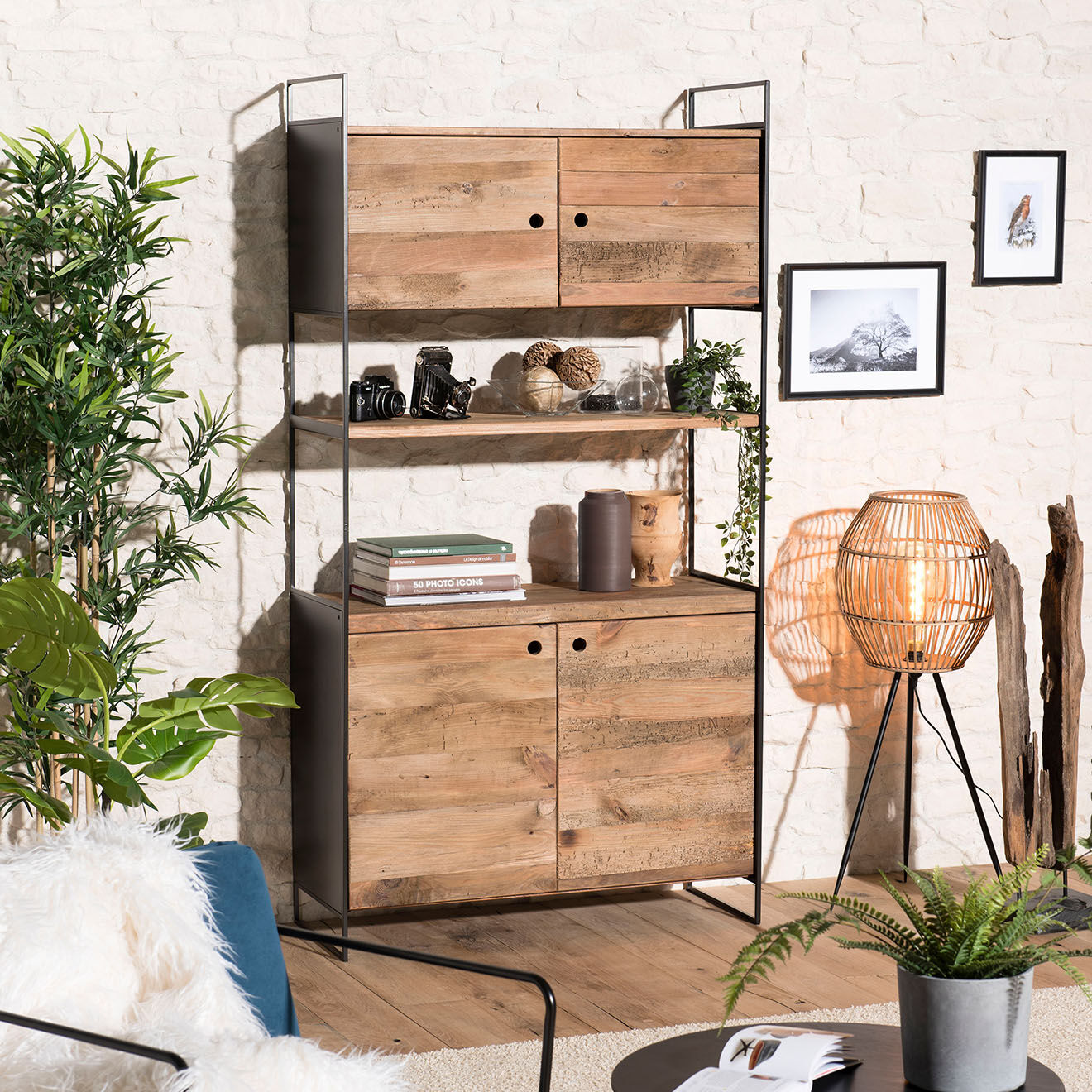 Macabane Bibliothèque 4 portes & 1 égagère Andrea Bois naturel  - 99x40x190cm