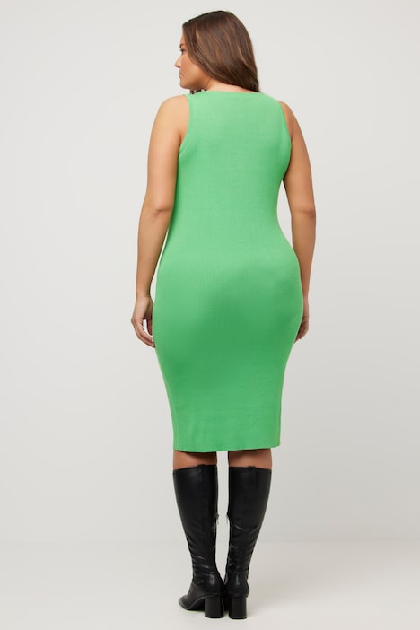 Strickkleid, Rippstrick, Slim, Midilänge, V-Ausschnitt, ärmellos
