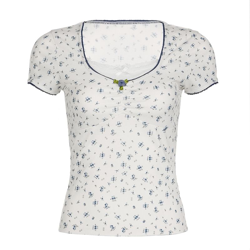 BrickBlack - T-shirt met korte mouwen, V-hals en bloemenprint