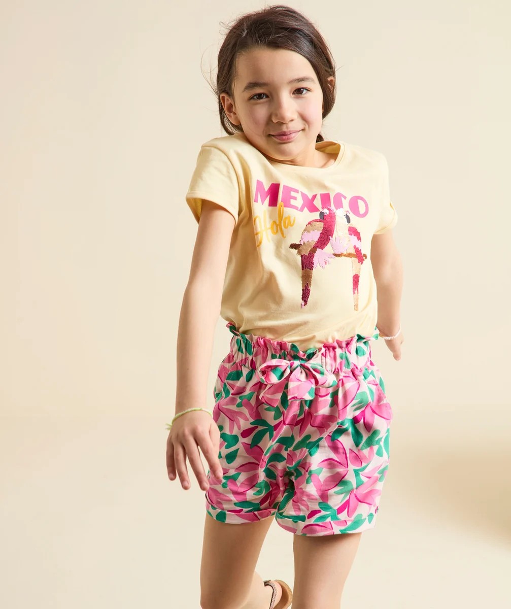 short fluide fille en viscose responsable rose imprimé fleurs