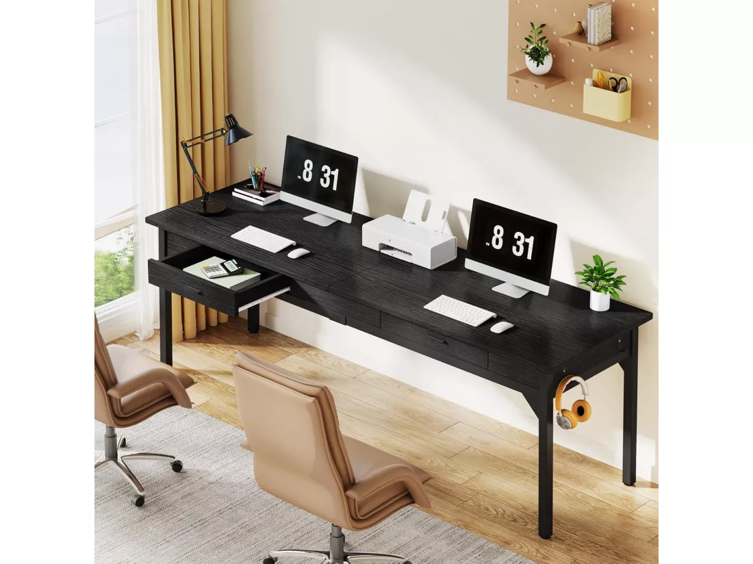 Bureau d'ordinateur - 200 x 60 x 82 cm - Double Bureau Long avec 2 tiroirs - Noir