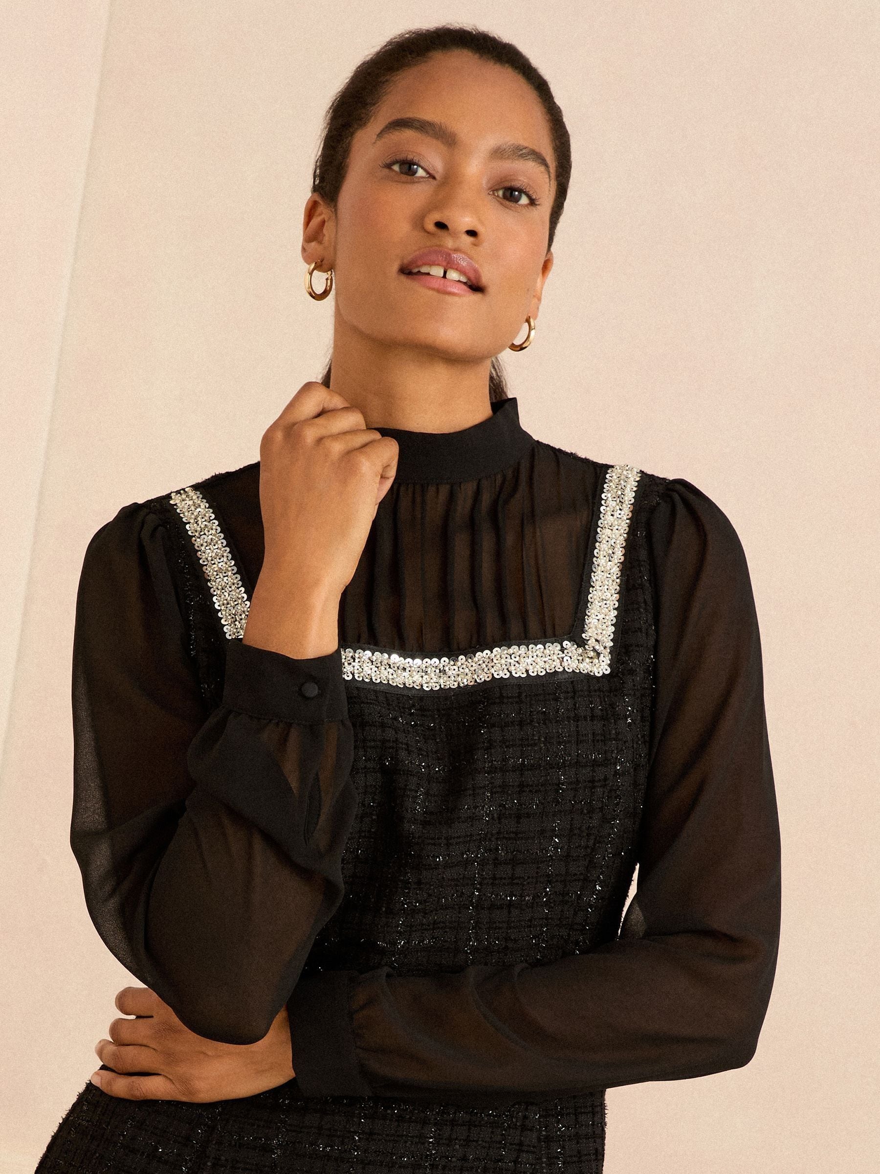 Love & Roses Long Sleeve Embellished Chiffon Tweed Mini Dress