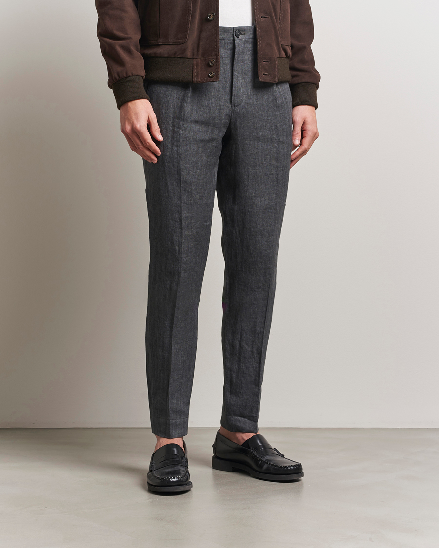 Incotex Tapered Fit Linen Herringbone Trousers Grey