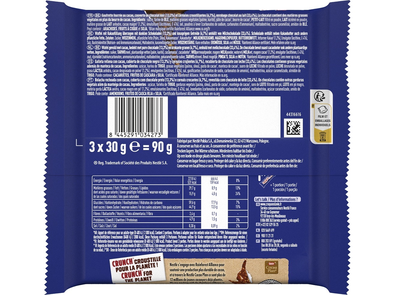CHOCOLATE CRUNCH SNACK WAFER MULTIPACK 3X30G