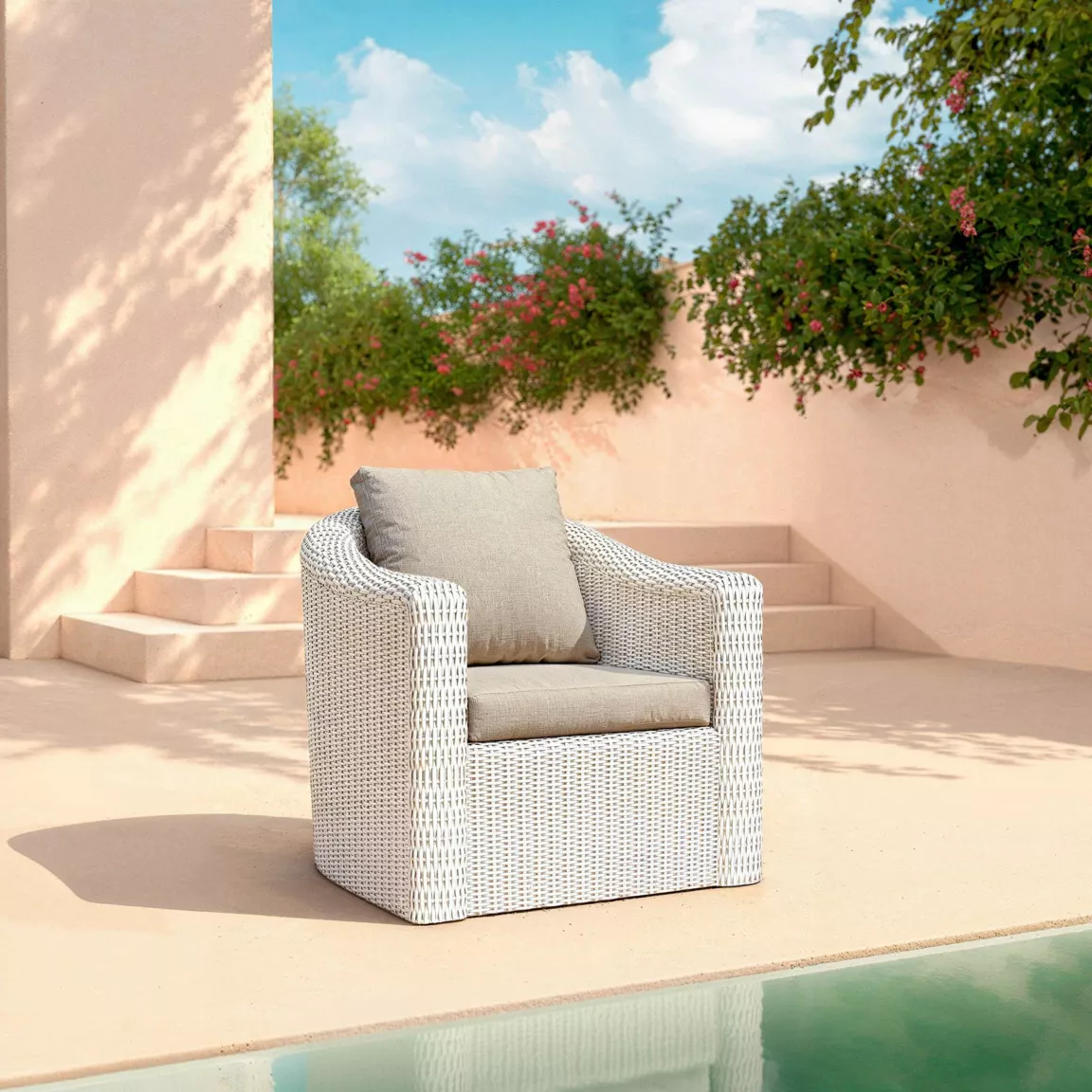 Salon de jardin en résine tressée 5 places 4 pcs Calvi Blanc et taupe