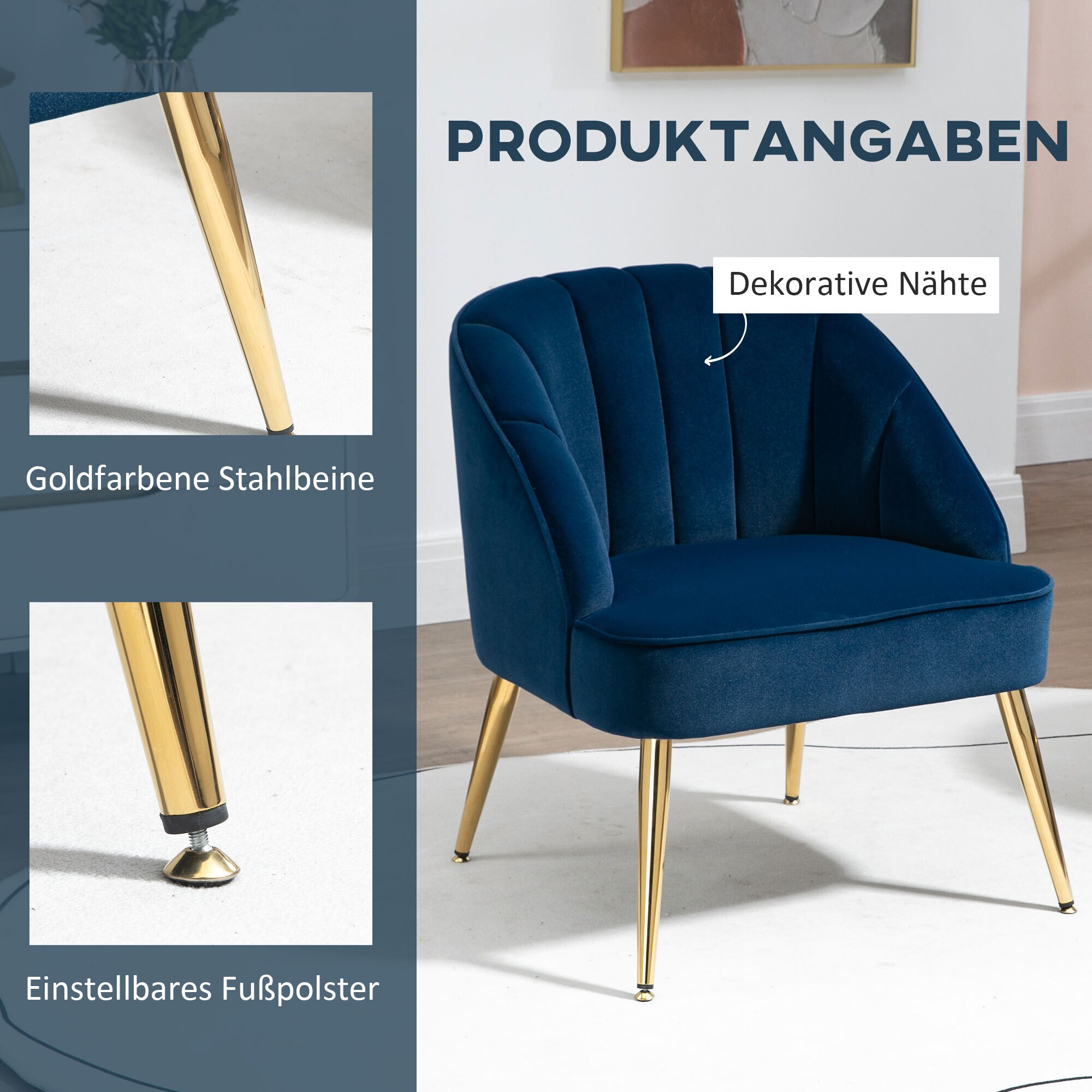 HOMCOM Ohrensessel mit Stahlbeine blau 65L x 64B x 77H cm