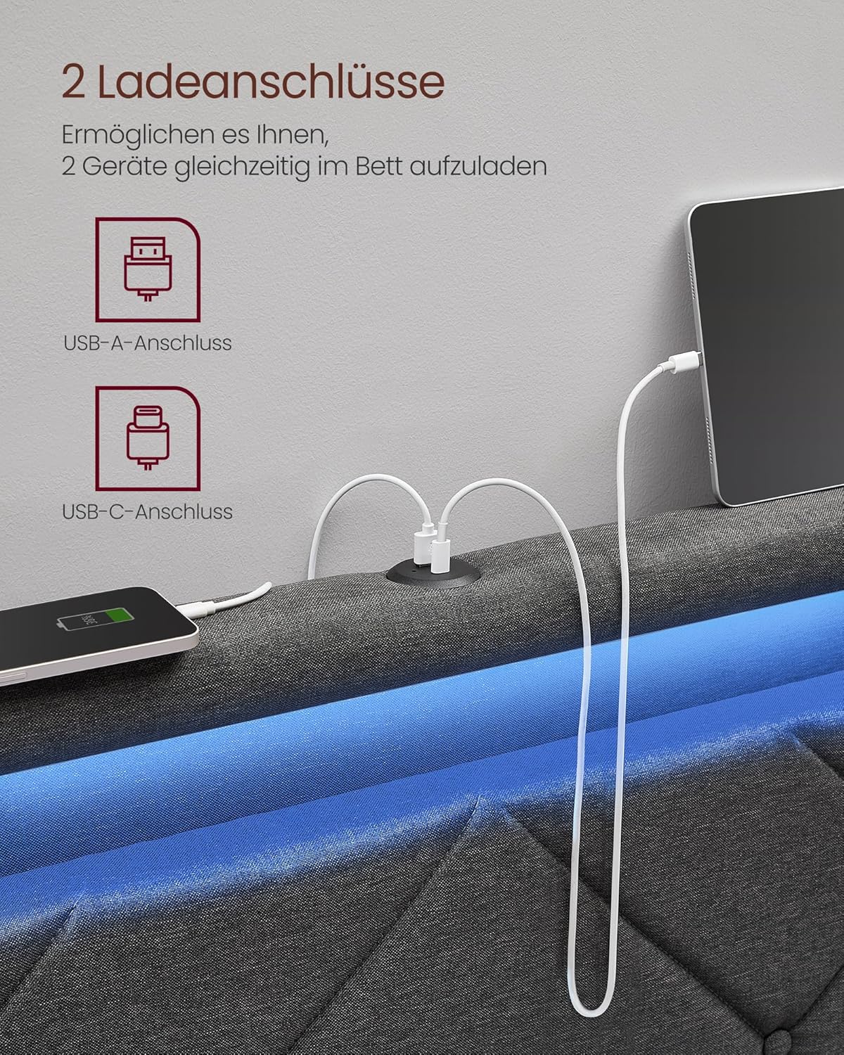 VASAGLE Doppelbettgestell, Bettgestell, passend für 140 x 200 cm Matratze, LED, Metallbett, 4 Schubladen, Ladestation, verstellbares gepolstertes Kopfteil, schiefergrau RMB827G02