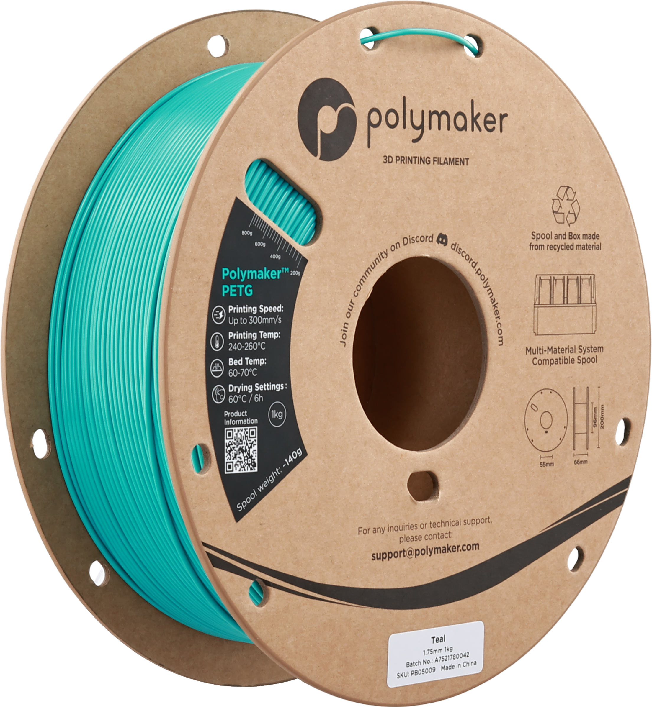 Polymaker  PETG Teal, 1,75 mm / 1000 g    Robustes PETG optimiert für High Speed Druck in Teal