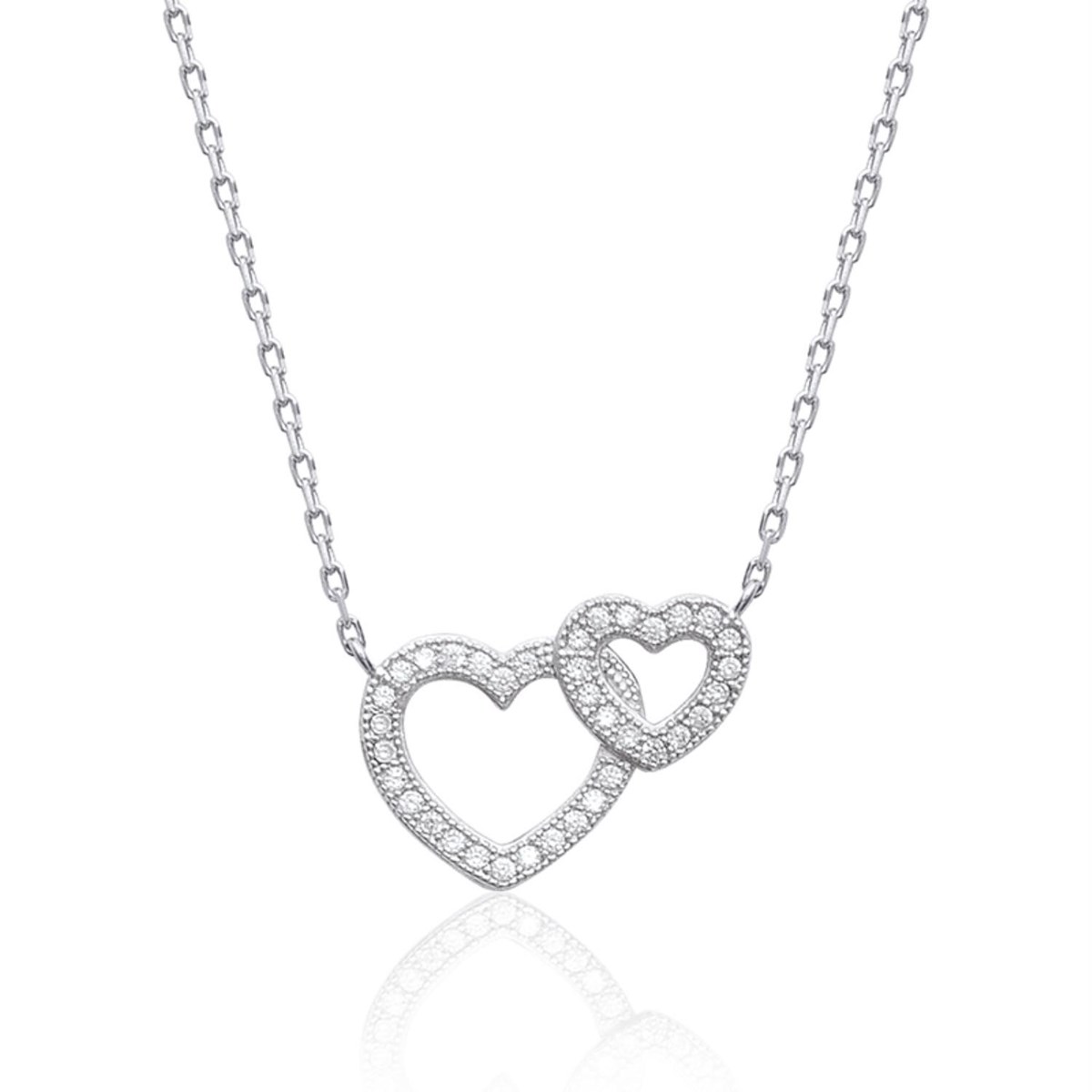 Collier 2 coeurs 2 tailles sertis d'oxydes de zirconium Argent 925 Rhodié