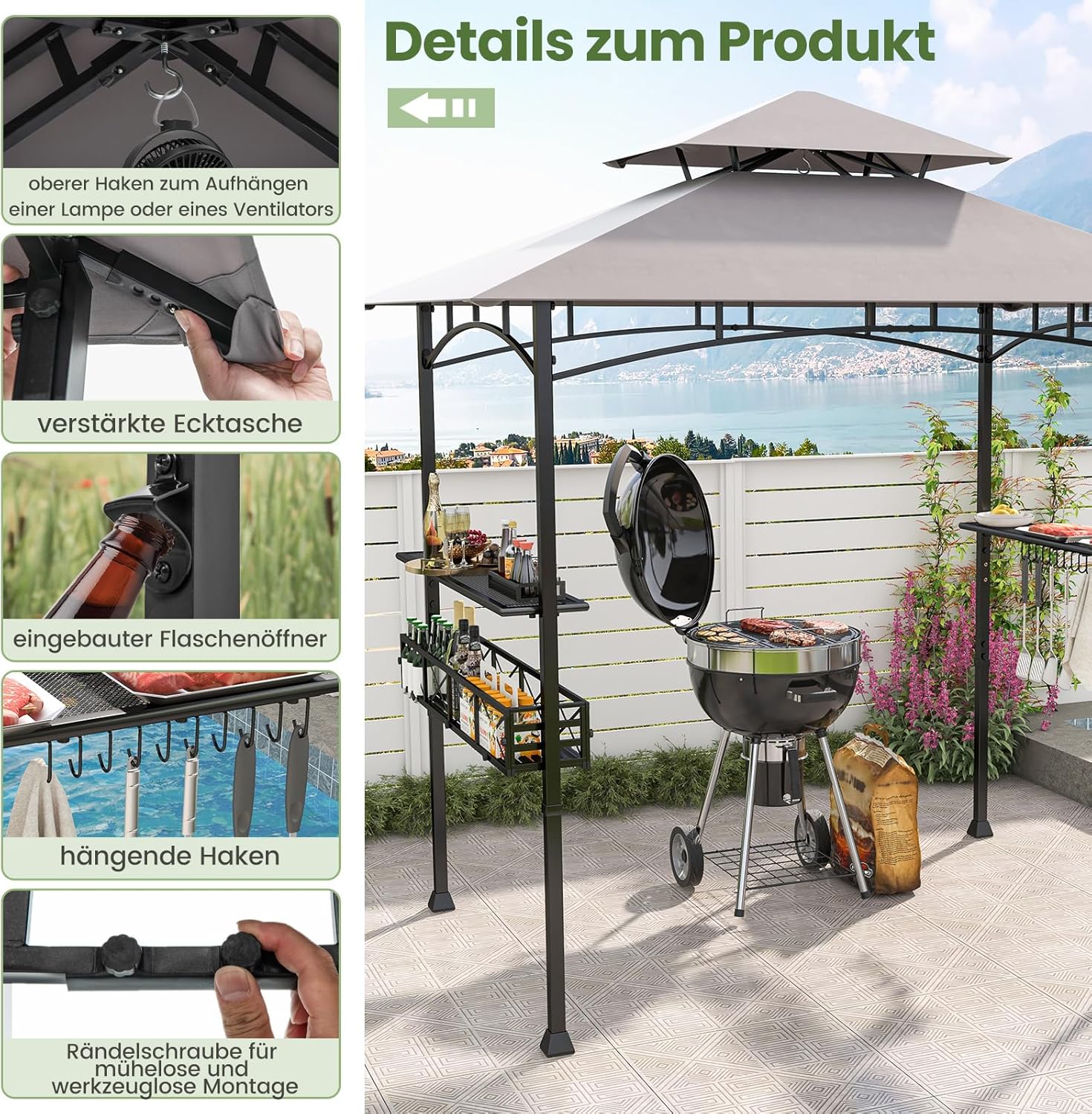 COSTWAY Grillpavillon mit Doppeldach, Seitenregalen, Metallkorb, Haken und Flaschenöffner, Grillüberdachungen wetterfest, Grillunterstand für Garten, Außenbereich, 242 x 153 x 250 cm (Grau)