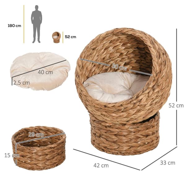Rattan Cat Basket Komfortabel Katteseng Med Pute, Vannhyacinth Kjæledyrseng, Lysebrun, 42X33X52Cm