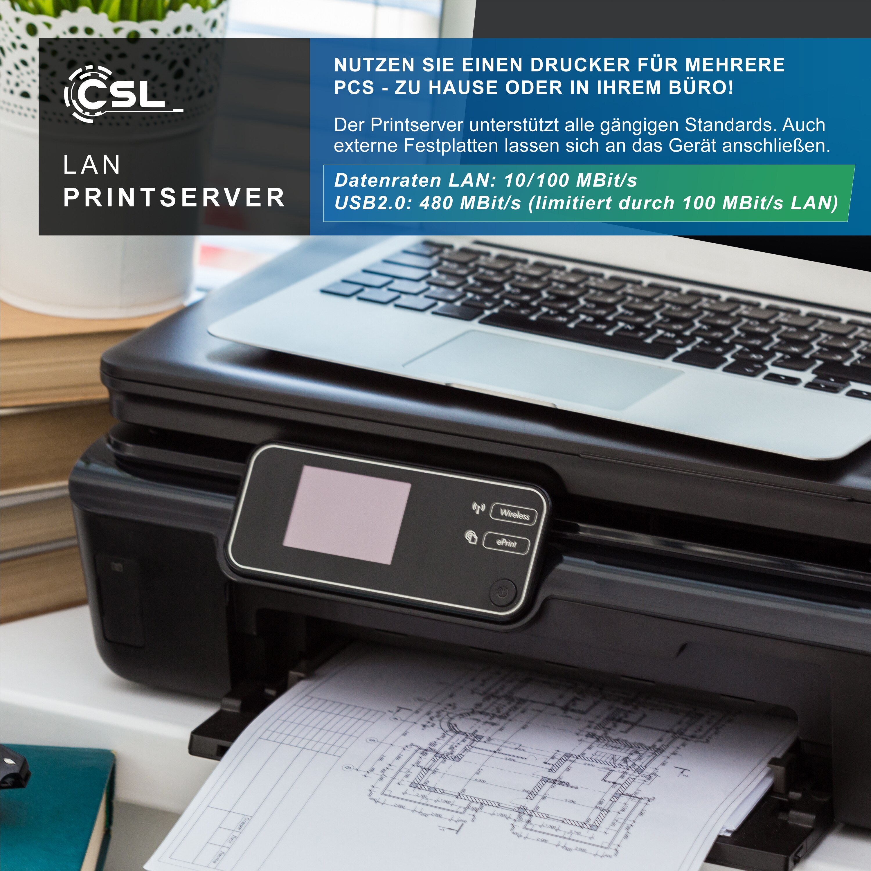 CSL Fast Ethernet USB Printserver inklusive Netzteil PC und MAC / Windows 10 fähig
