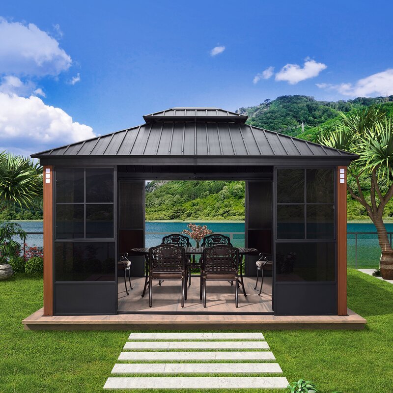 Gazebo de metal para pátio com dois níveis, 4,27 m de largura x 3,66 m de profundidade.