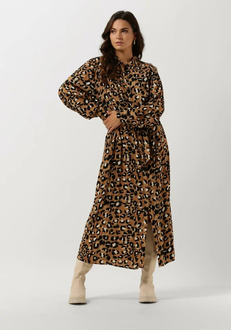COLOURFUL REBEL bruine colourful rebel maxi jurk kera leopard maxi shirt dress