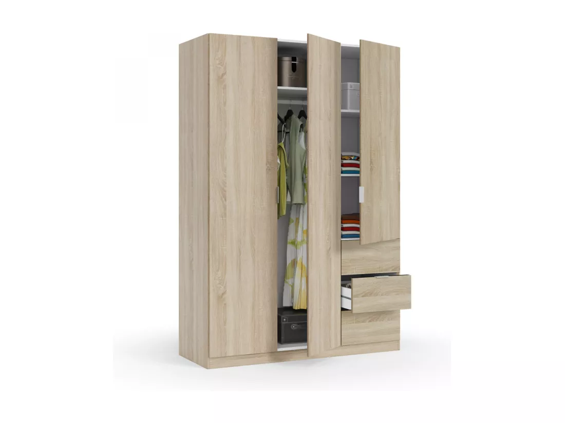 Armoire Ddermak, Armoire de chambre avec 3 portes et 3 tiroirs, Armoire avec 3 étagères et tringle à vêtements, 135x52h200 cm, Chêne