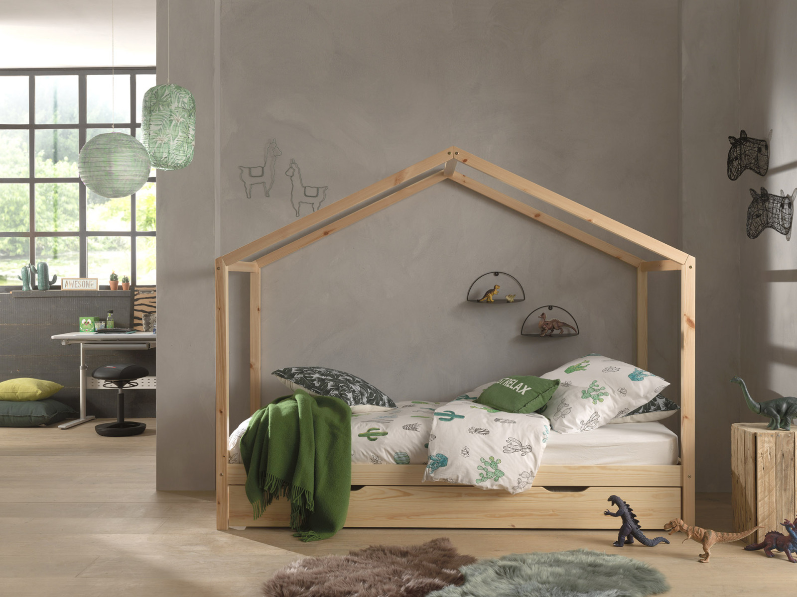 Hausbett DALLAS 3 - natur - Kiefer massiv - inklusive Bettschublade