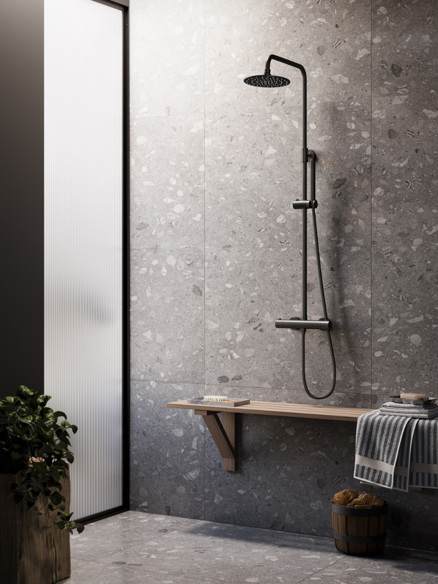 Saniclear Nero mat zwart opbouw regendouche 20cm met thermostaatkraan en staafhanddouche