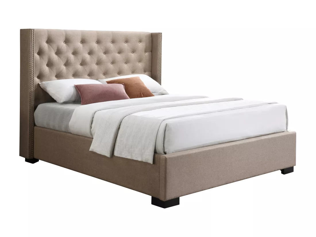 Lit coffre 140 x 200 cm avec tête de lit capitonnée - Tissu - Beige + Matelas - MASSIMO