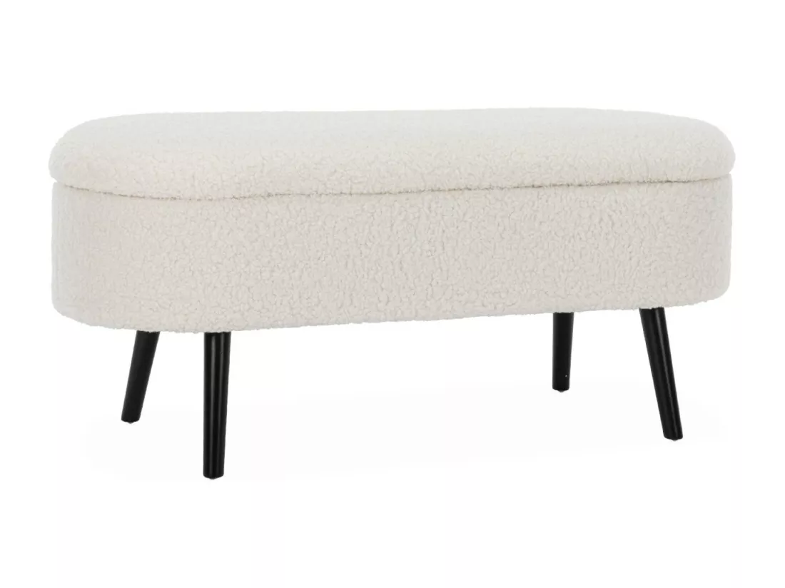 Banc coffre. bout de lit avec revêtement bouclette. écru. pieds en bois noir. L 112 x 44 x 50cm