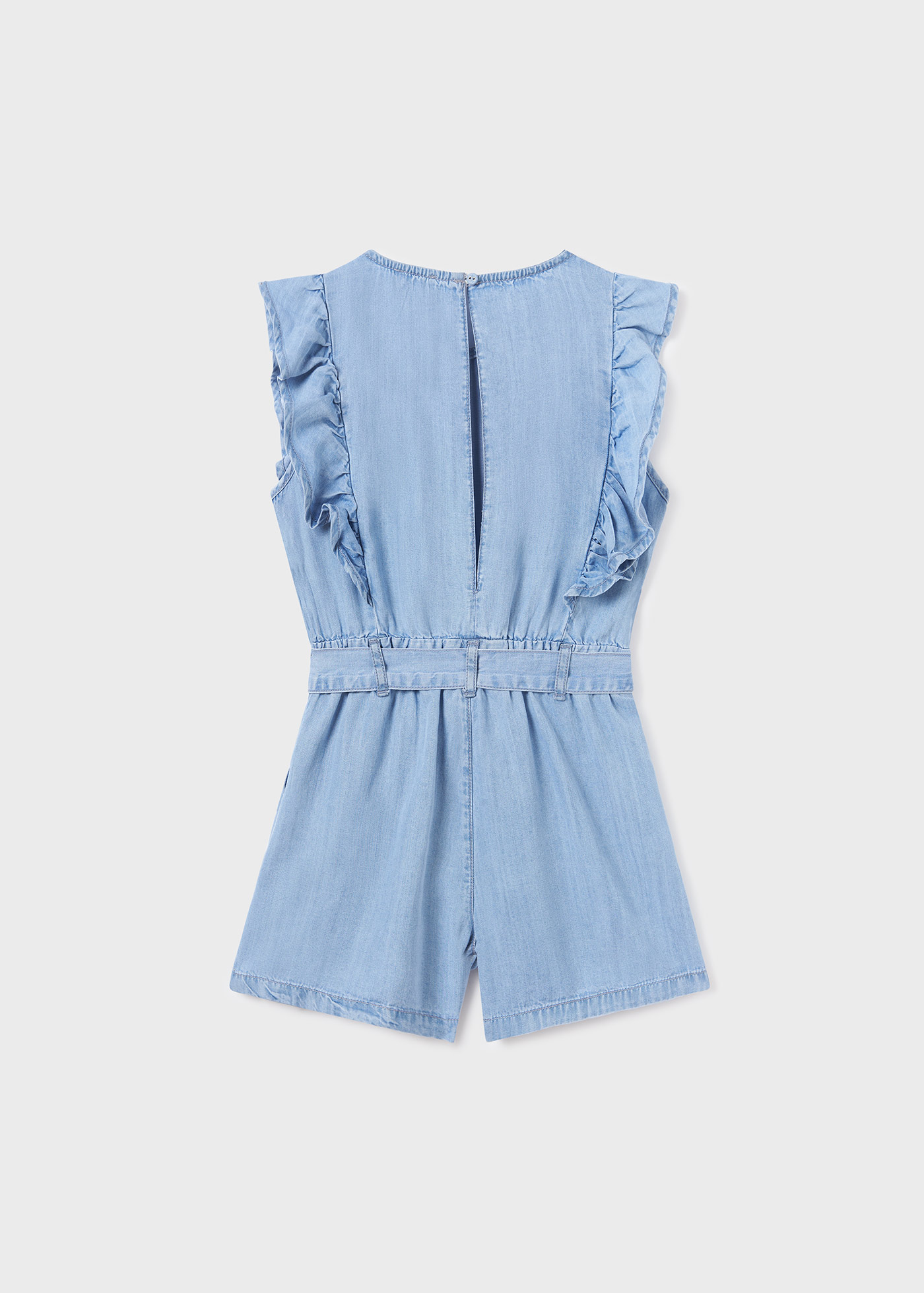 Macacão jeans infantil com babados em TENCEL™ Lyocell
