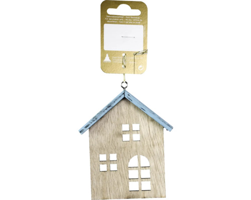 Kerstdecoratie hangend huisje 8 x 9,5 cm hout naturel