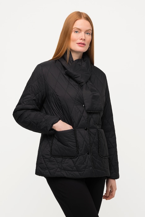 Steppjacke, Schal, Perlenbordüre, V-Ausschnitt