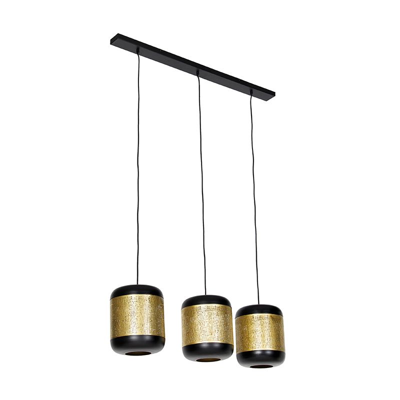 Vintage hanglamp zwart met messing langwerpig 3-lichts - Kayleigh