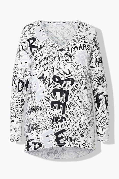 T-Shirt, A-Linie, Scribble-Muster, offenkantige Abschlüsse