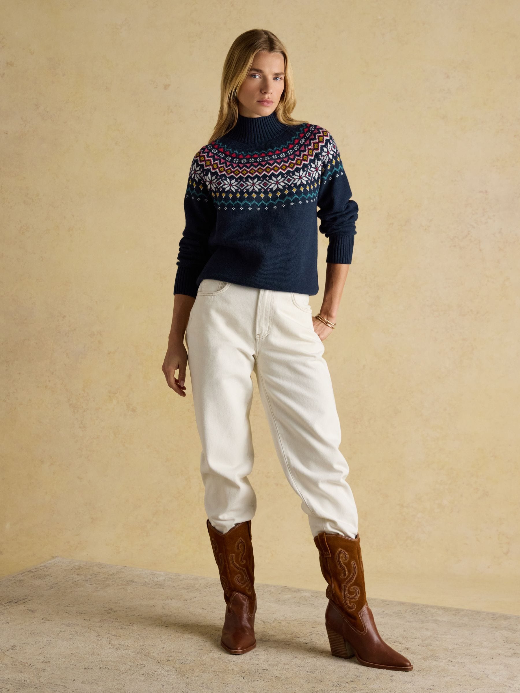 Marineblauw - Joules Alba Fair Isle High Neck Cotton-Blend Jumper