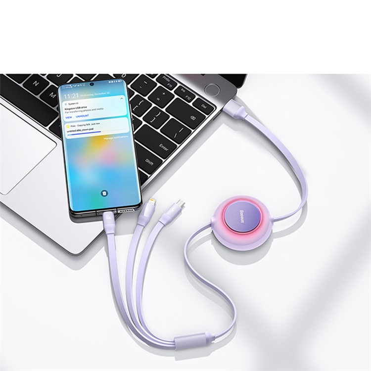 (1.1m) 66W/3.5A 3in1 Bright Mirror 2 Ausziehbares USB A auf USB C / Apple Lightning / Micro USB Ladekabel Datenkabel - Lila