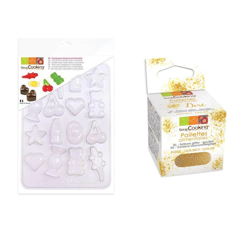 Moule en plastique pour bonbons et chocolats + paillettes dorées Scrap