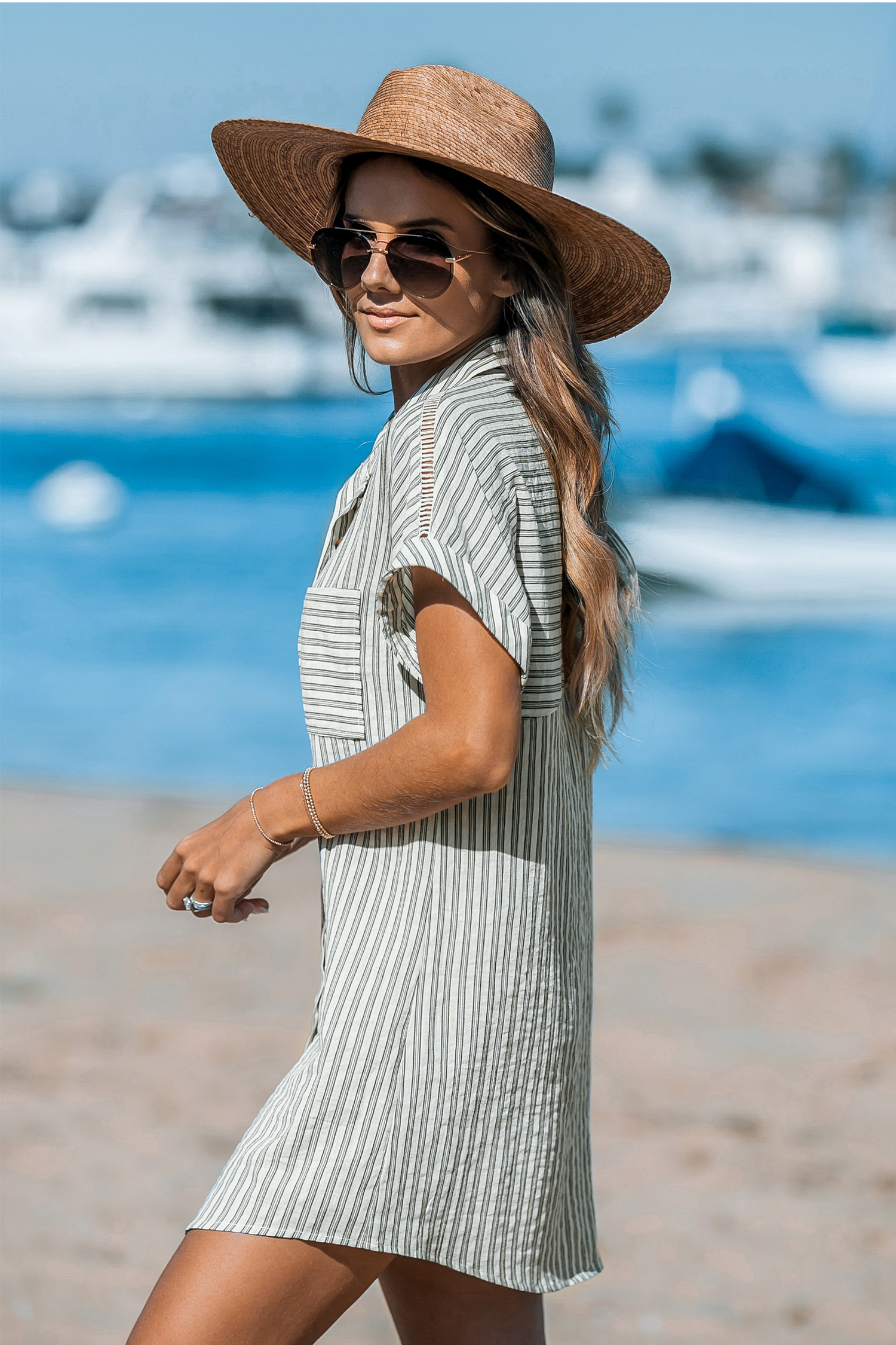 Robe cover up en pur coton mini avec col chemise à rayures