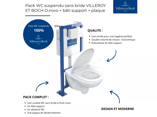 Pack WC suspendu sans bride VILLEROY ET BOCH O.novo + abattant + plaque blanche + bâti