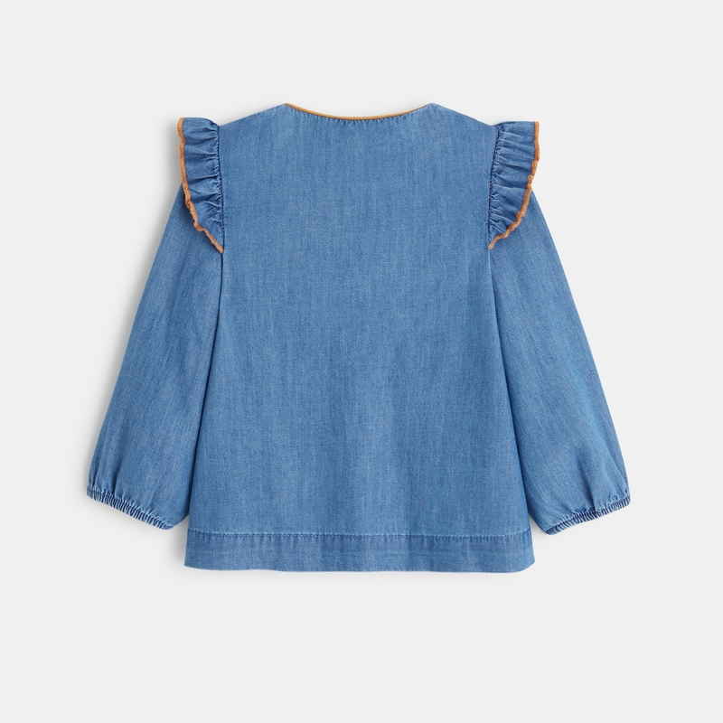 Blouse denim à volants bleue bébé fille