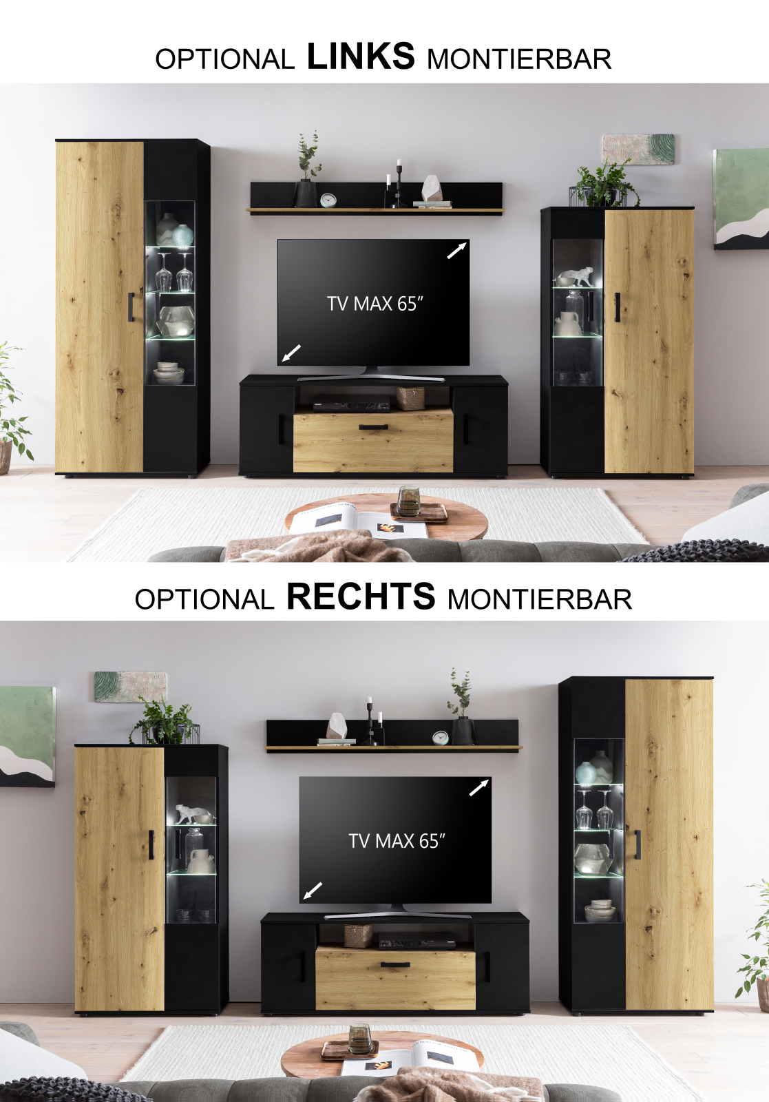 4-teilige Wohnwand DUO VA - Artisan Eiche - Schwarz - 340 cm