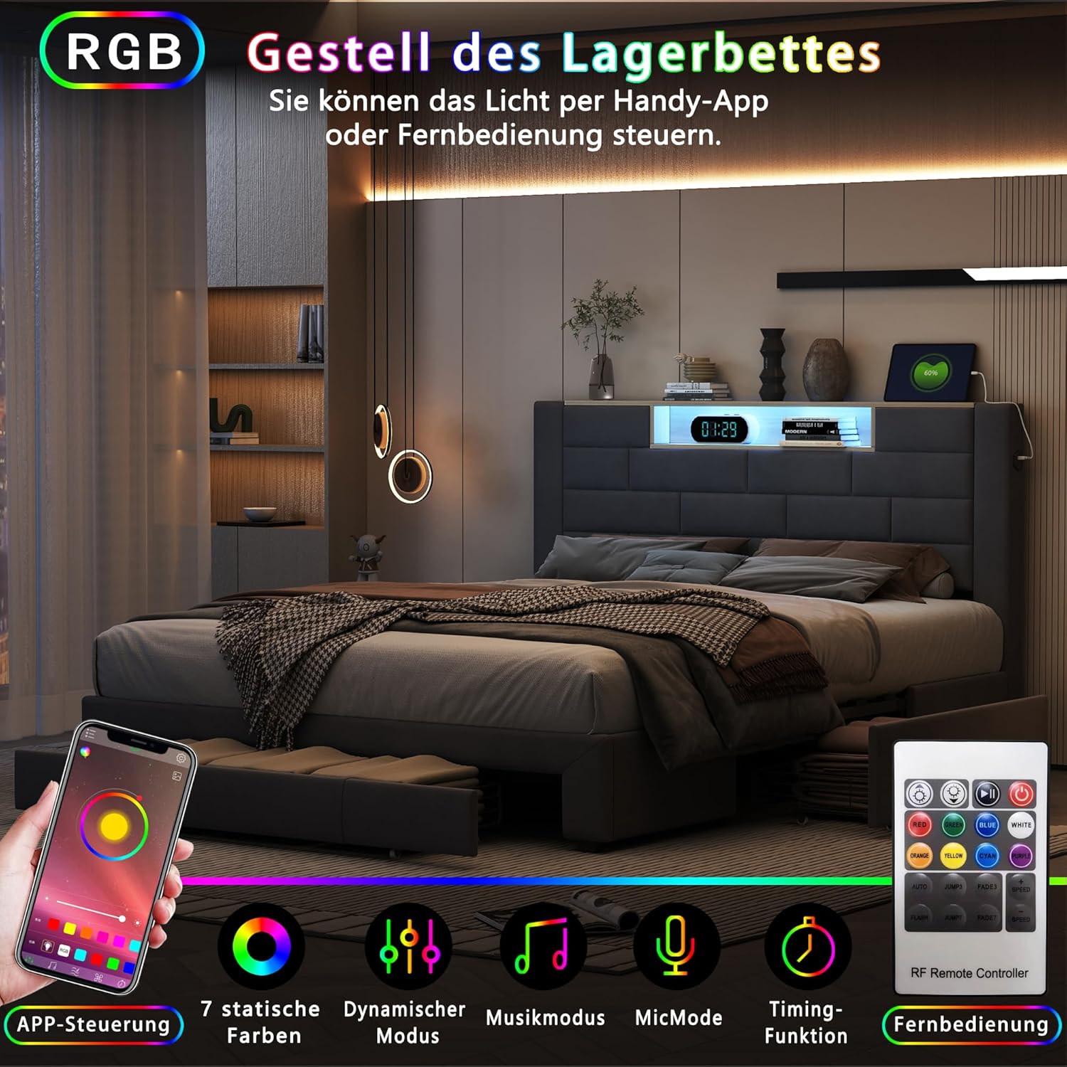 140x200cm Samtge Polsterbett,Doppelbett mit 3 Schubladen und LED-Beleuchtung,Funktionales Stauraumbett mit bequemem Kopfteil, stabilen Lattenrosten für perfekten Schlafkomfort