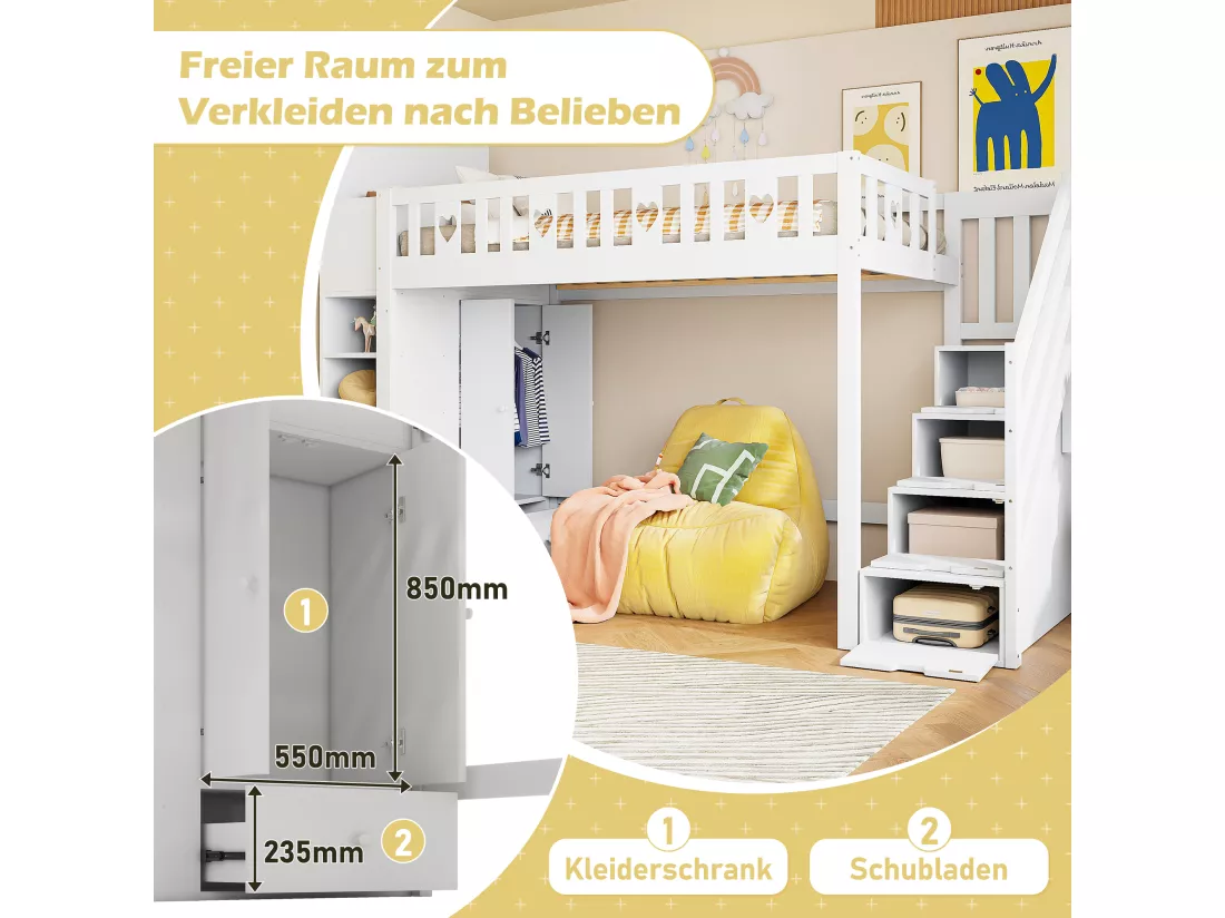 Lit mezzanine 90 x 200 cm avec armoire, étagères de rangement et tiroirs - Pin + MDF - Blanc (sans matelas)
