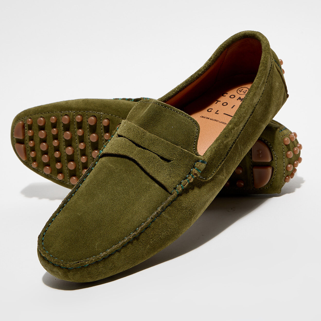 Comptoir GL Mocassins en Velours de Cuir Diego vert chiné