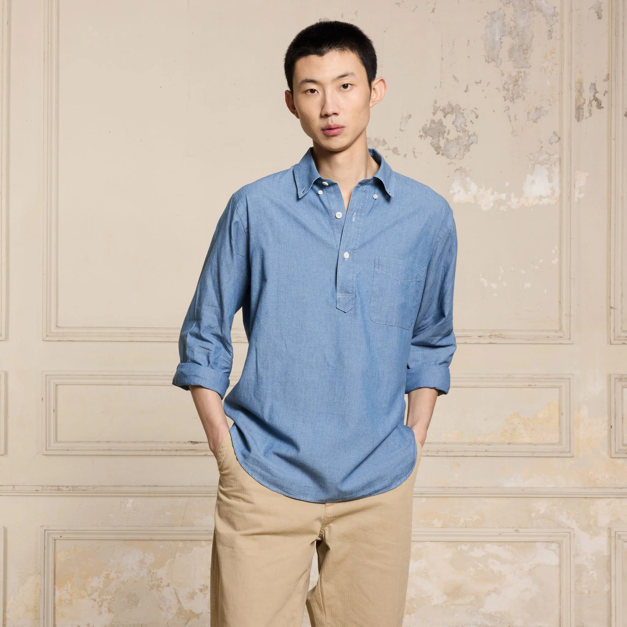 Denim blue chambray popover shirt