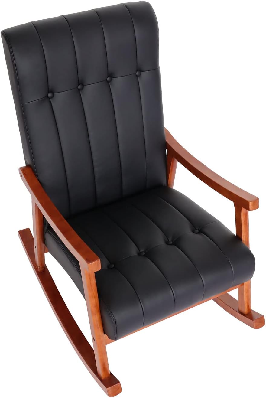 Mendler Schaukelstuhl HWC-K10, Schaukelsessel Schwingstuhl Relaxsessel FSC® - Kunstleder schwarz, Gestell Walnuss-Optik