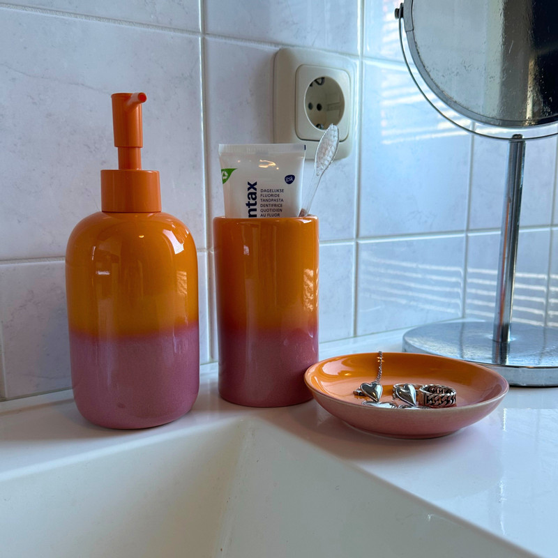 Tandenborstel beker duo - oranje/roze - ø6.5x11.5 cm