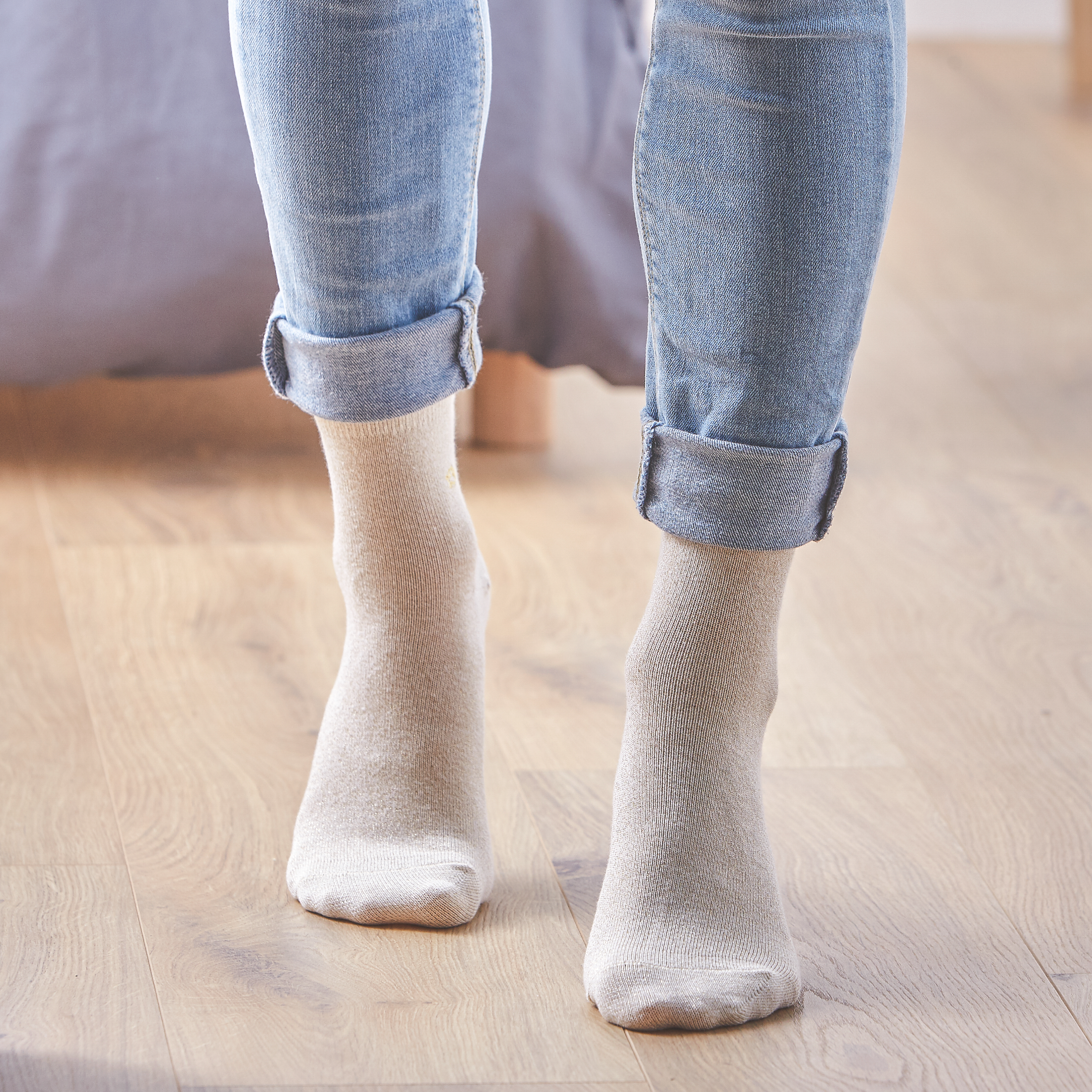 Chaussettes pailletées en coton peigné unies | Beige