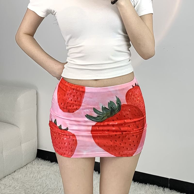 Sugarcoat - Mini-kokerrok met lage taille en aardbeienprint