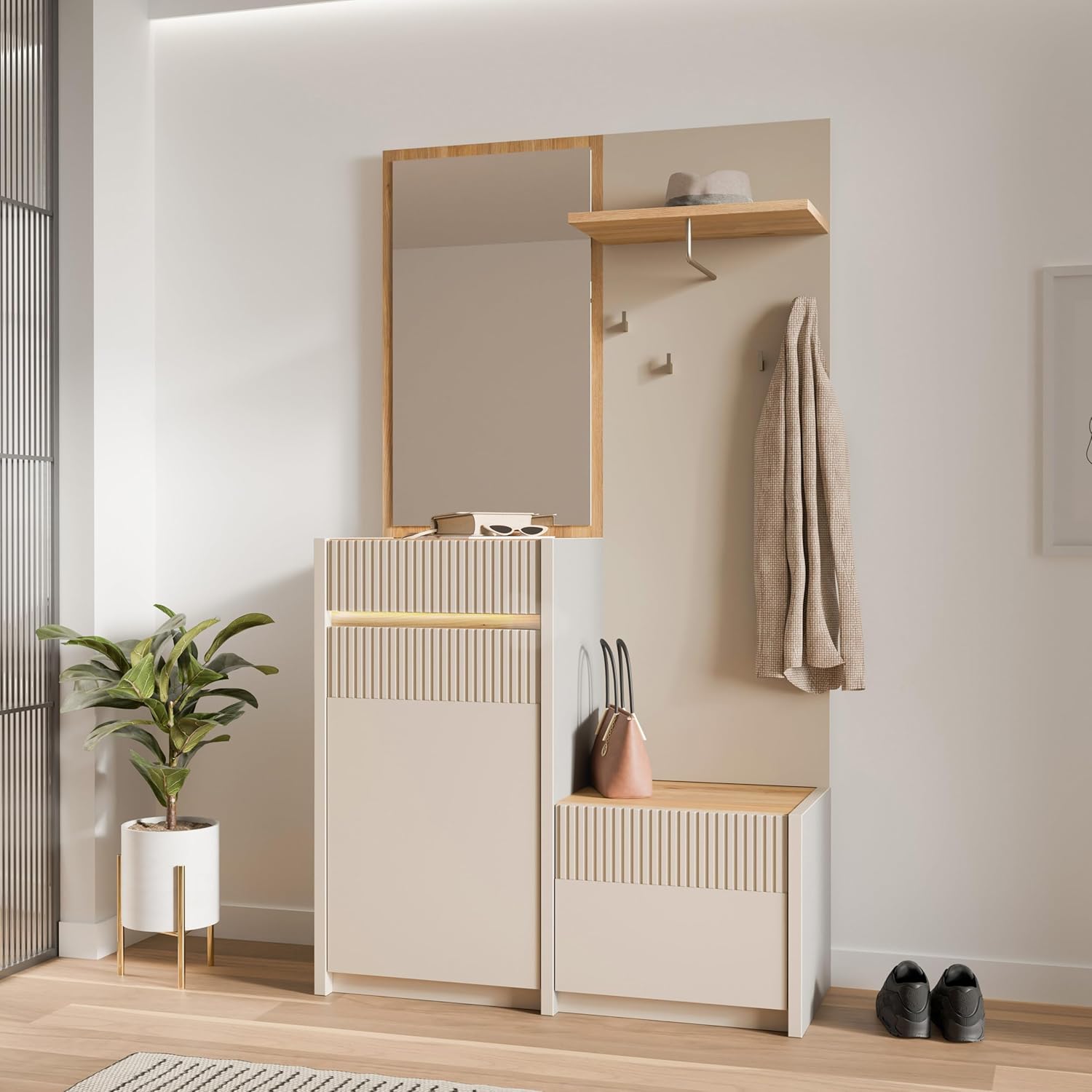 Forte Oak SQUERE Garderobe 100 110, Elegante Garderobe mit Spiegel, Kleiderstange und Aufbewahrung, Holzwerkstoff, Mauvella Eiche Holzdekor/Sand, 108,4 cm breit x 195,9 cm hoch x 41,7 cm tief